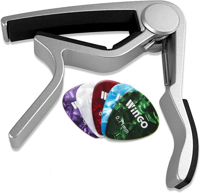 Wingo كابو جيتار لآلات الجيتار الصوتية والكهربائية ذات 6 أوتار مع 5 ريش مجانية، فضي - Image 4